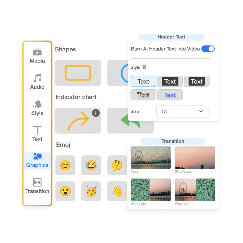 Visla’s editing interface showcasing scene swapping, music selection, voiceover refinement, and adding graphics for a polished customer testimonial video